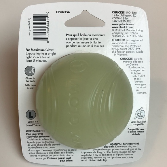 CHUCKIT MAX GLOW DOG BALL. 3” Diameter, Size Large. - Picture 4 of 5